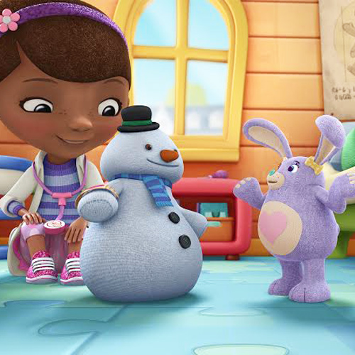 Doc McStuffins with Chilly (the snowman) who ends up giving away stuffing to help Pickles (the purple rabbit) 